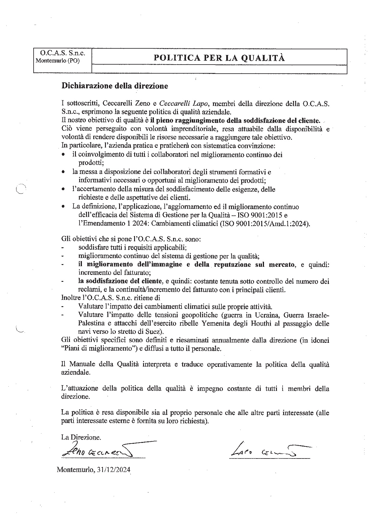 OCAS Politica Aziendale